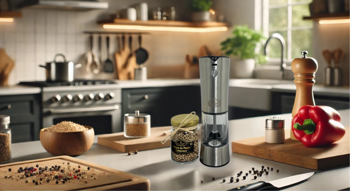 Moulin électrique design avec poivre de Penja - Accessoire de cuisine moderne